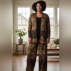 Vikki Vi Travel Knit 3 Piece Suit With Black and Gold Floral/Animal Print